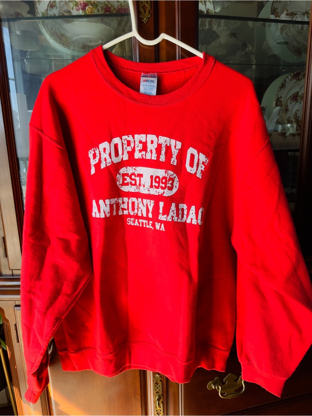 Jerzees Red Crewneck Sweatshirt with White Graphic